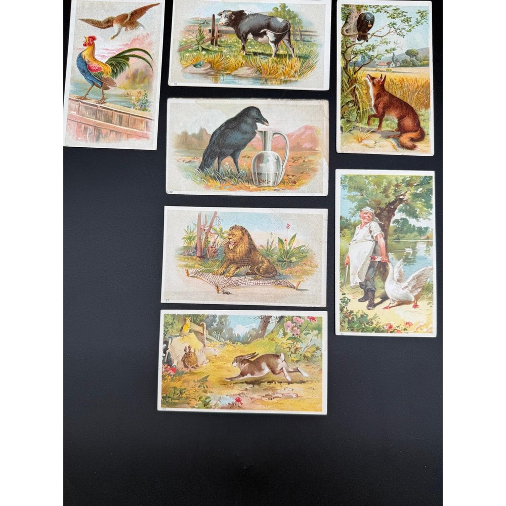 Antique Aesop's Fables Trade Cards Lot of 7 Illustrated Animal Story Collectible